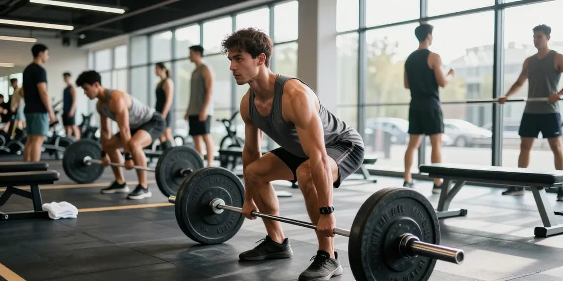 Prime Pharma Steroids in een moderne sportschool met een man die deadlifts uitvoert, fitnessapparatuur en sporters op de achtergrond.