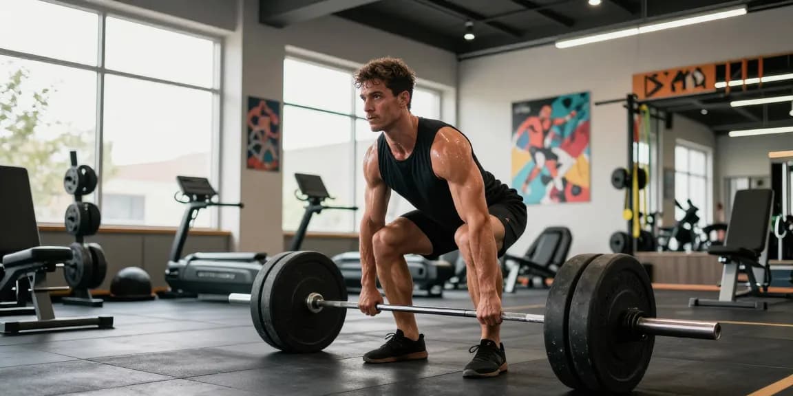 Man lifting weights in a gym showcasing Prime Pharma Steroiden for fitness enhancement.