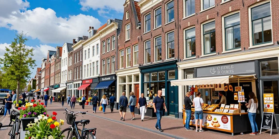 Engaging scene of bedrijven den haag with local shops and lively street activity in a vibrant urban setting