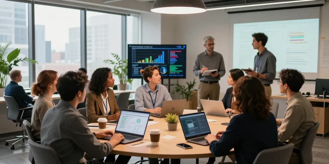 Professional networking scene focused on Hier vernetzen with diverse team collaborating in modern office.