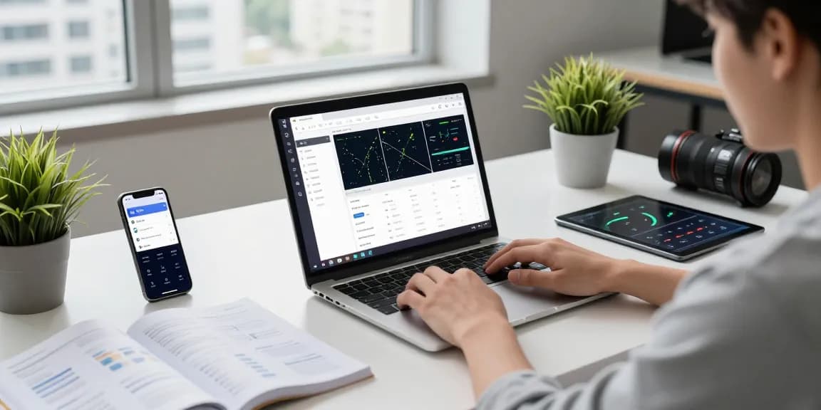 快连 app displayed on a smartphone in a modern tech workspace, showing network analytics and a cozy productivity atmosphere.