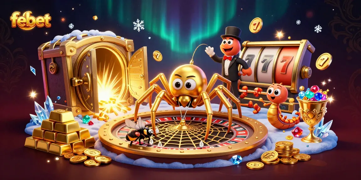 Bet at febet with an animated spider on a roulette wheel, surrounded by treasure and casino elements.