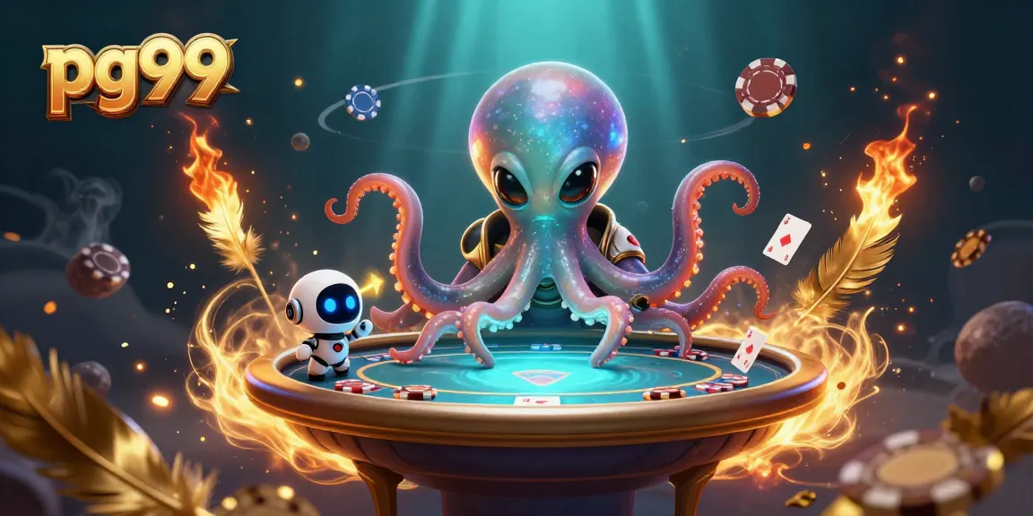 Engage with pg99 as a colorful alien octopus deals at a holographic poker table.