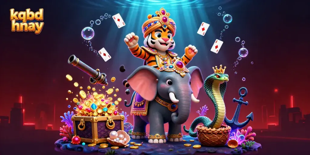 Engage with kqbd hnay through this vibrant 3D casino scene featuring a royal tiger, jewel elephant, and treasure bursts.