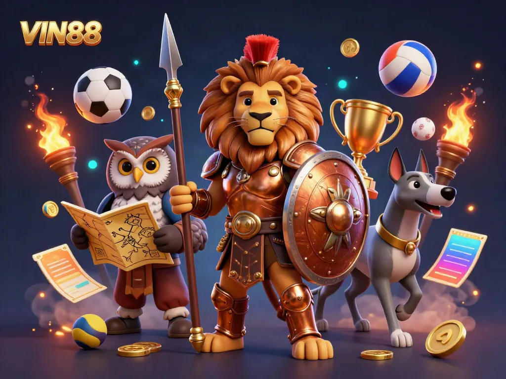 Engage with the vibrant scene of VIN88, featuring a heroic lion, strategic owl, and swift greyhound amidst dynamic sports betting action.