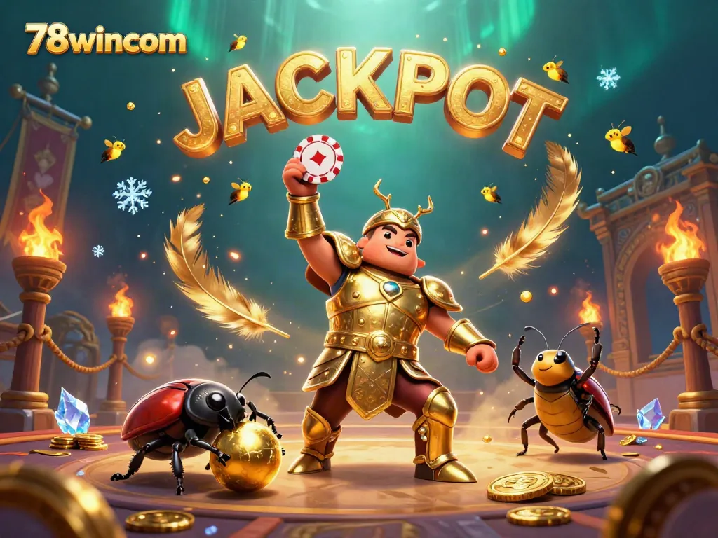 Hercules beetle celebrates a jackpot victory in 78wincom's dynamic casino scene.