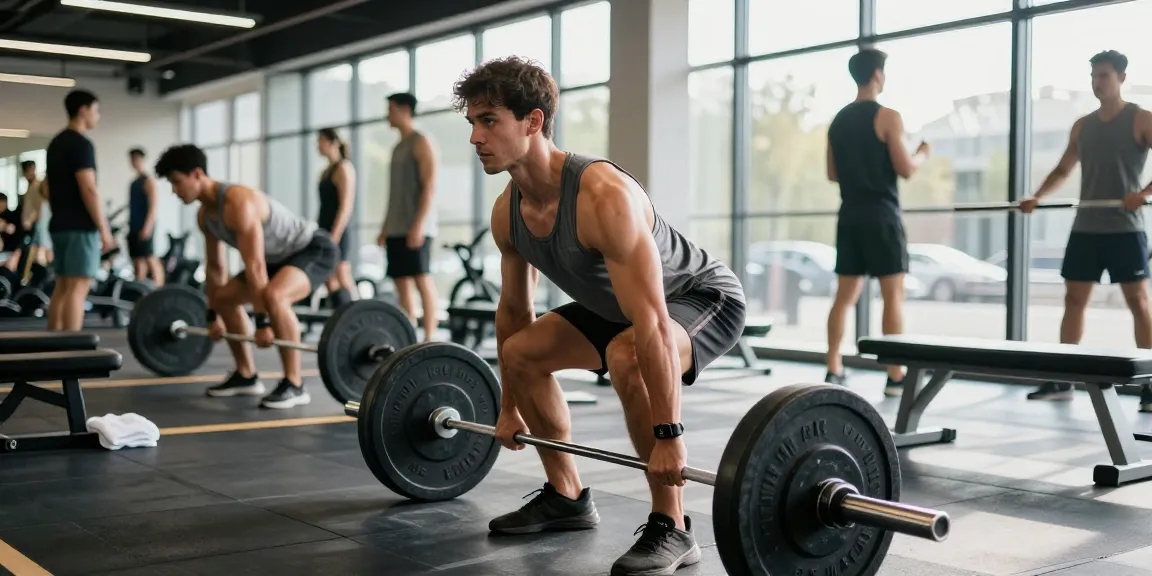 Prime Pharma Steroids in een moderne sportschool met een man die deadlifts uitvoert, fitnessapparatuur en sporters op de achtergrond.