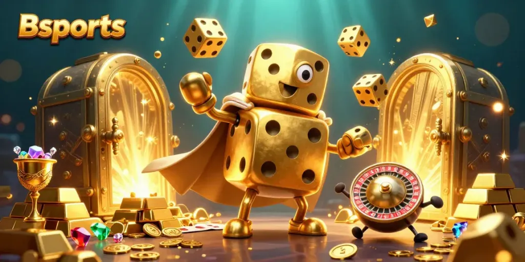 Bet on exhilarating moments with Bsports, featuring golden dice and dazzling casino treasures.