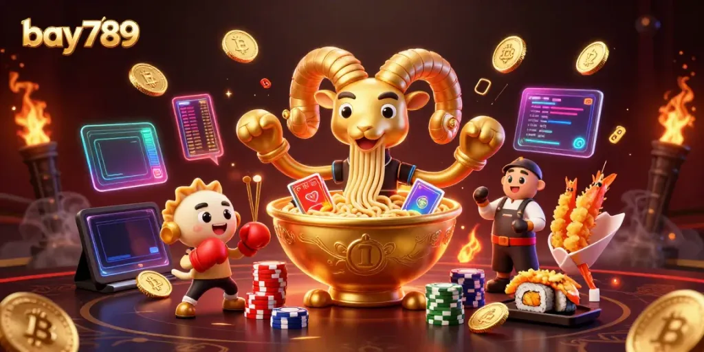 Engage with bay789’s vibrant casino scene featuring animated characters and digital currency elements.