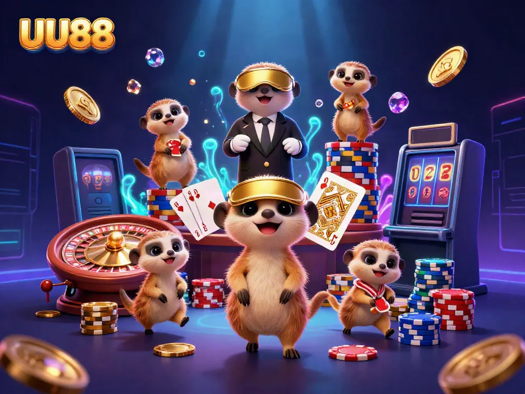 Experience the excitement of UU88 with meerkats running a vibrant casino operation filled with games and treasures.