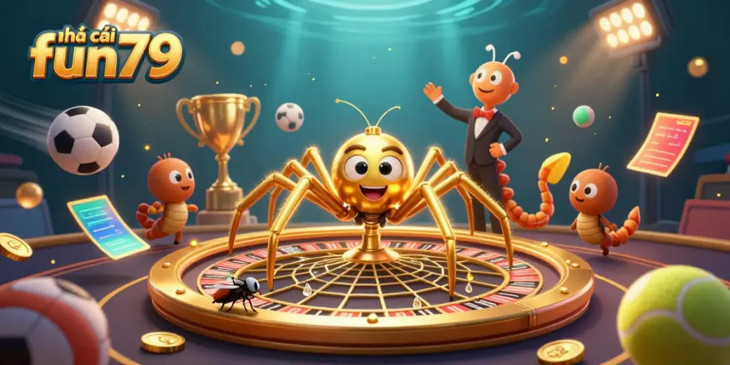 Bet on the 游戏乐趣 at nhà cái fun79 with bright sports elements in this vibrant 3D scene.