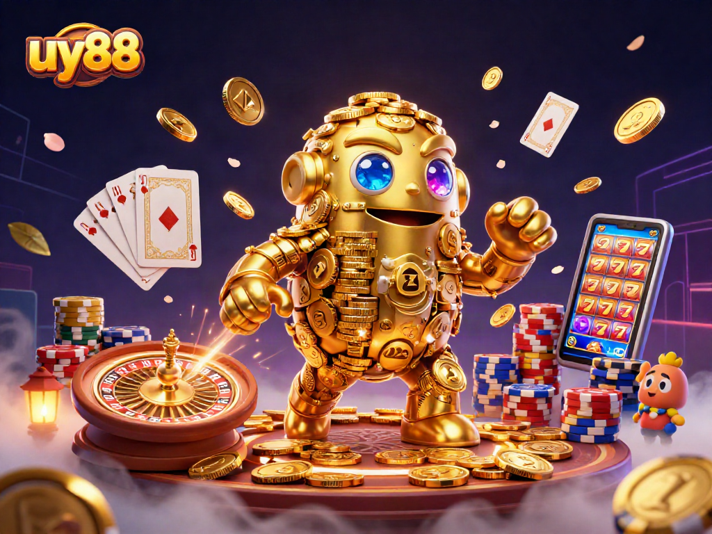 Experience the excitement of uy88 with a vibrant 3D casino scene featuring golden golem and slot elements.