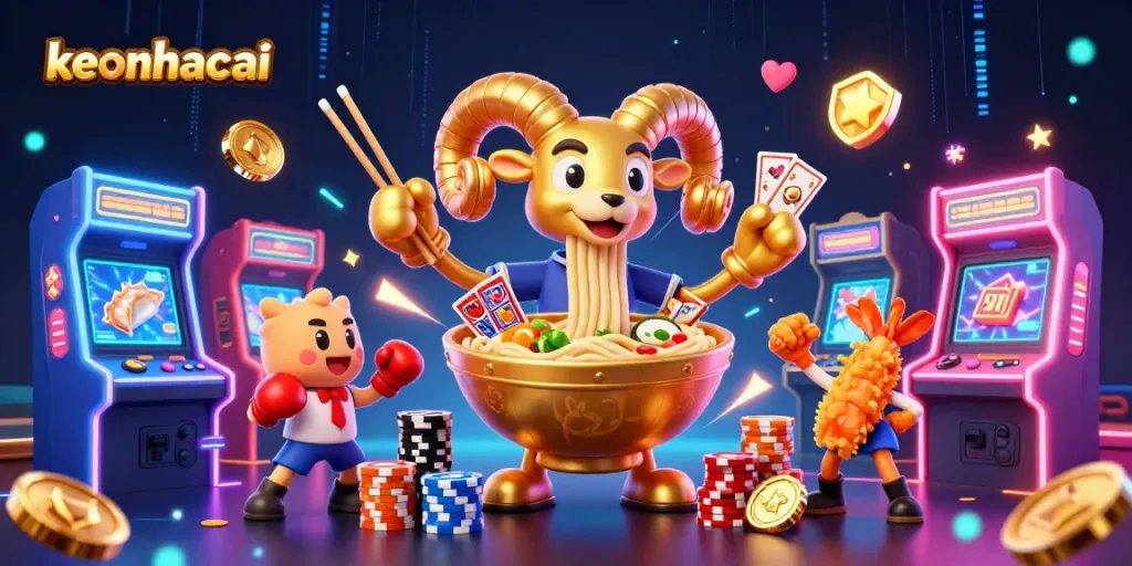 Engage with keonhacai's exciting gaming atmosphere through a vibrant 3D casino illustration.