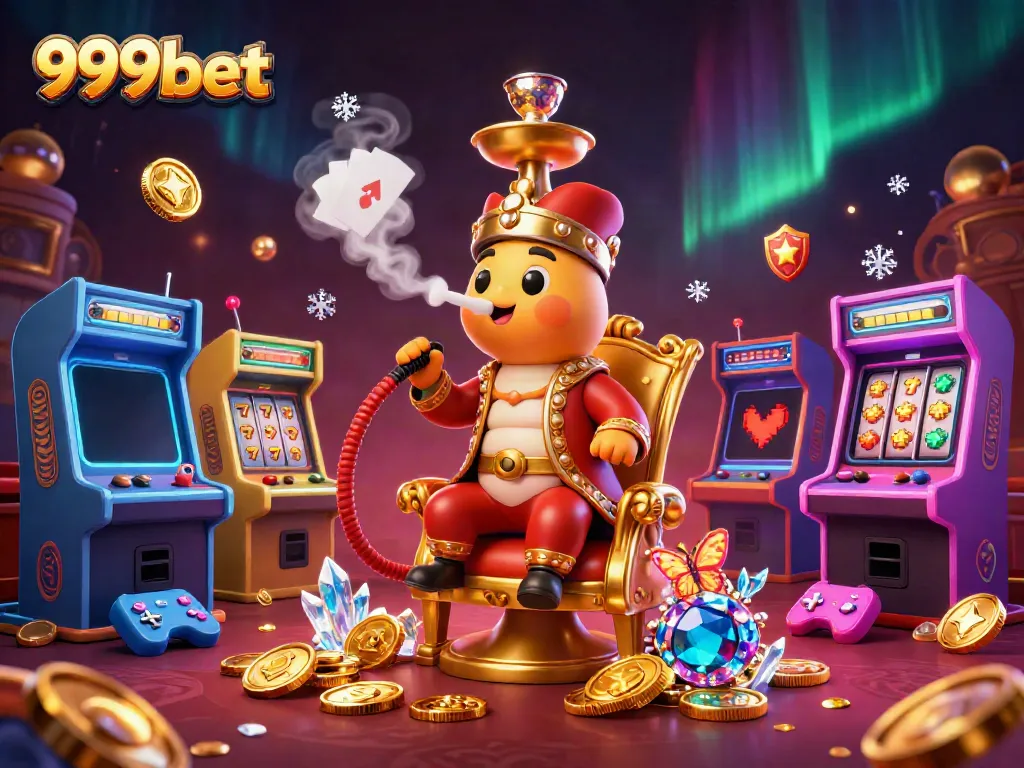 Experience 999bet with a vibrant, immersive 3D casino scene filled with game symbols and treasures.