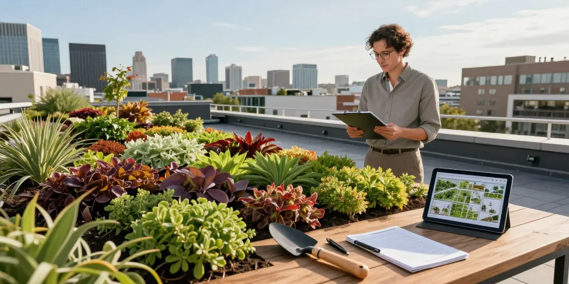 Sedumdak nadelen verkend met een architect die levendige groene dakplanten beoordeelt in een stedelijke omgeving.