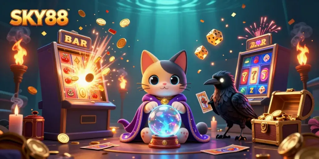 Experience thrilling wins at SKY88 with vibrant casino elements and magical characters.
