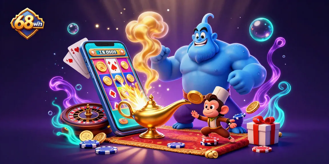 Experience thrilling gaming adventures with the 68win Genie, flying poker chips, and dynamic casino elements.