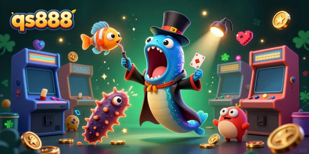 Experience thrilling card tricks with qs888 in a vibrant underwater casino scene.
