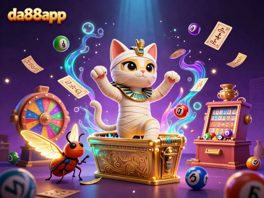 Experience thrilling gameplay at da88app with an Egyptian mummy cat and golden casino treasures.