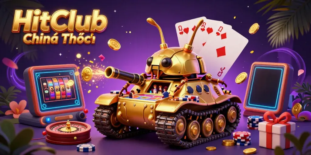 Experience HitClub Chính Thức with the vibrant casino-themed illustration showcasing dynamic games and excitement.