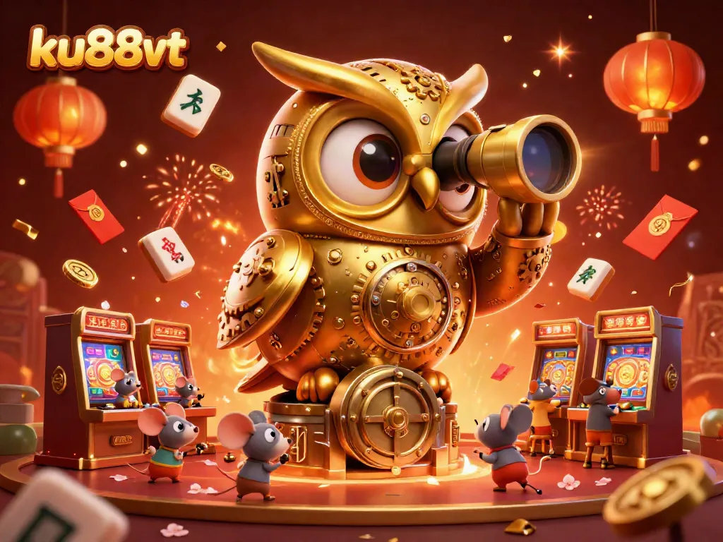 Experience the thrill at ku88vt with a golden owl observing a vibrant casino floor
