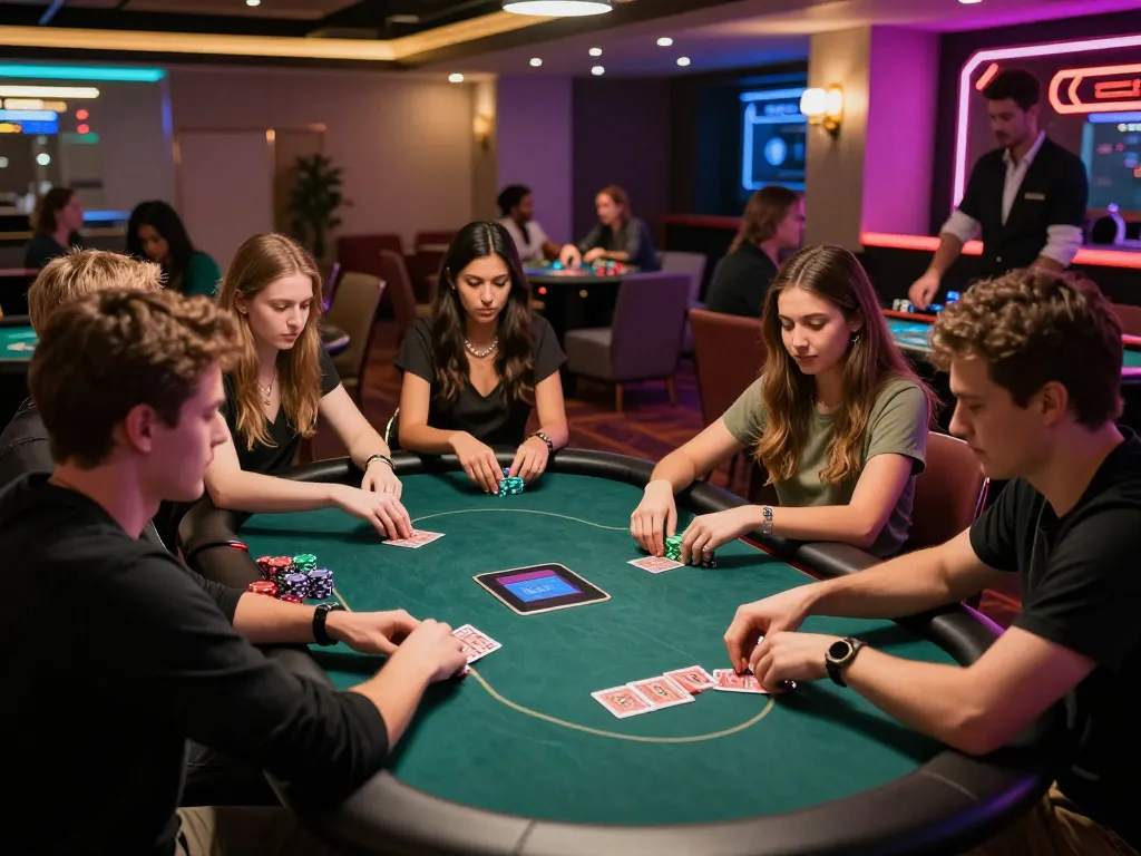 Engaging social gaming scene at Lucky88 casino with players around a poker table, showcasing excitement in the gambling environment.