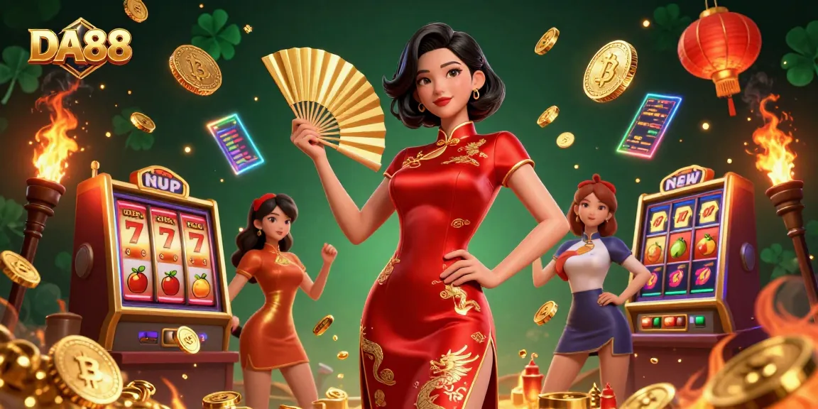 Play thrilling slots at DA88 with a radiant Asian woman holding a fan amid coins and neon elements.