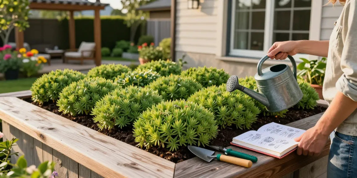 Tuinier inspecteert sedumdak nadelen, levendige groene planten onder zonlicht, toont duurzame landscaping.