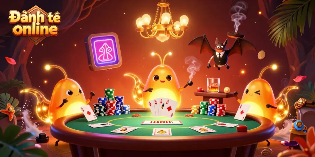 Play Đánh đề online in a vibrant cave casino illuminated by glowing glowworms.