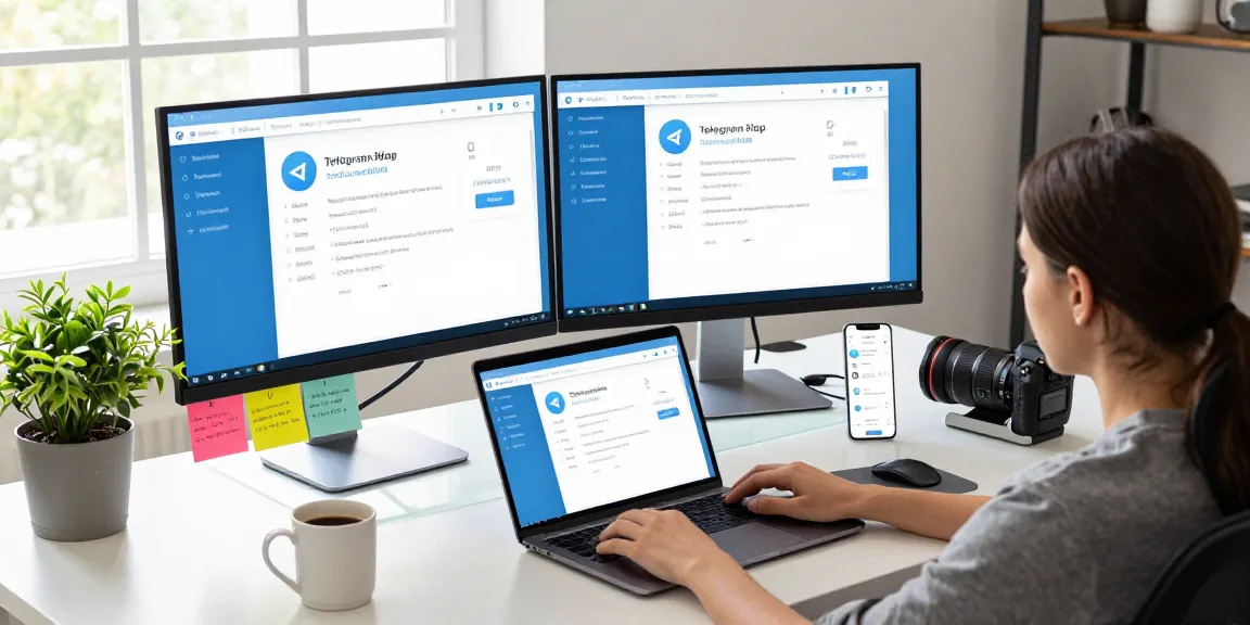 Efficient workspace with a user setting Telegram Chinese on a laptop.