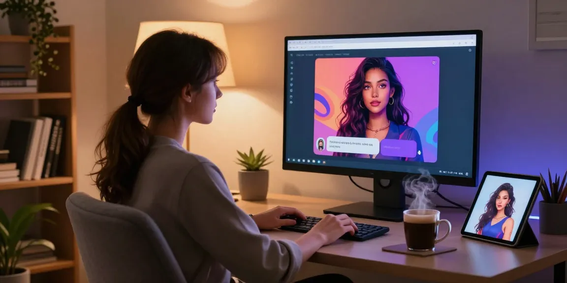 Engaging user in cozy home office interacting with ai nsfw character customization and visuals.