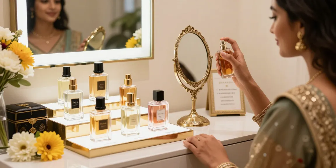 Elegante presentatie van rasasi parfum flessen met vrouw die parfum aanbrengt in sfeervolle setting.