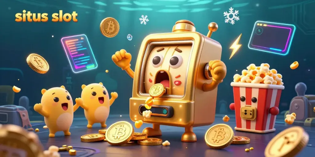 Cherish the thrill of situs slot with a golden slot machine hitting the jackpot, surrounded by cheering baby slots and vibrant crypto coins.