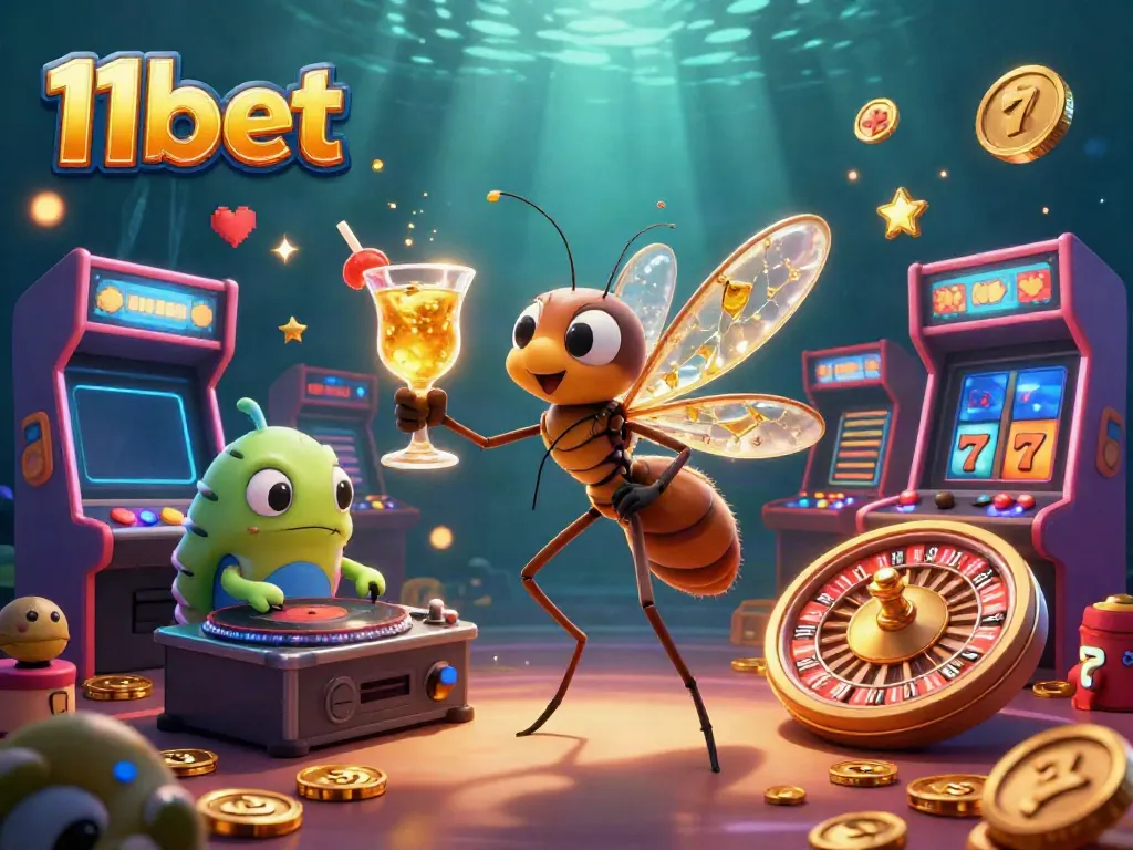 Experience an immersive 11bet casino scene with characters enjoying vibrant gaming elements and golden accents.