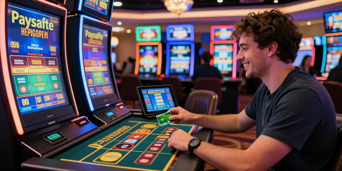 Aufgeregter Spieler in einem Paysafe Card Casino, der mit lebhaften Spielautomaten und Live-Dealern interagiert, und die Aufregung des Online-Gamings zeigt.