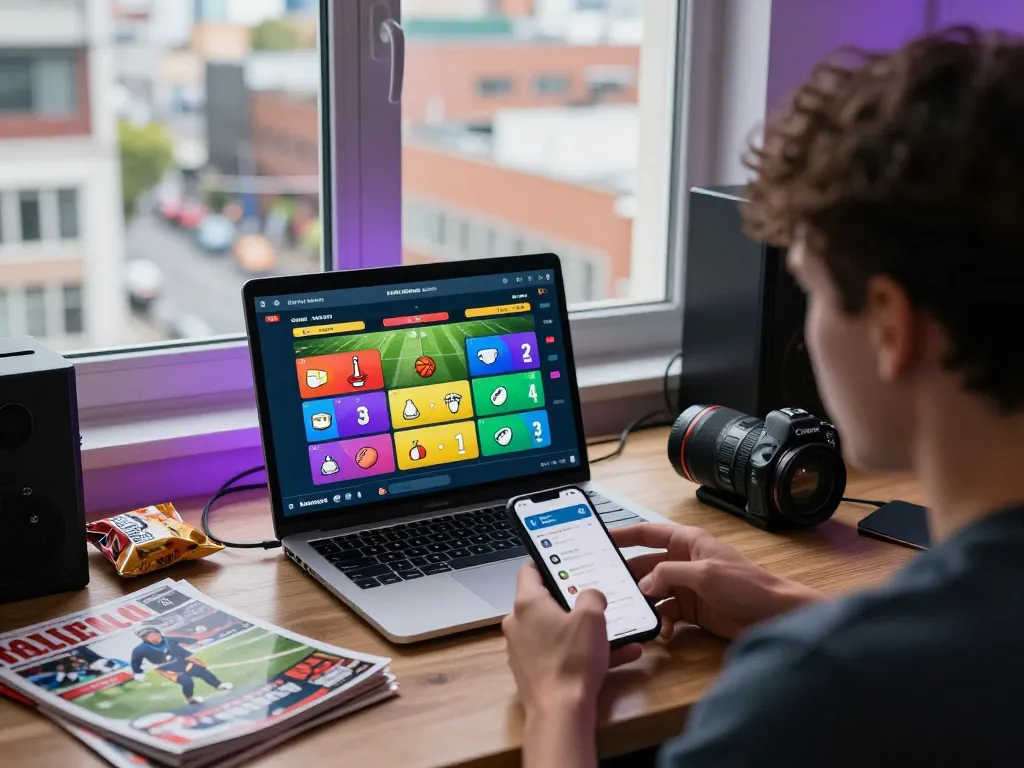 Link nhà cái Topbet user placing bets on sports in a vibrant home office.