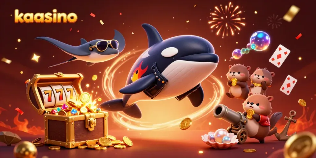 Kaasino casino scene featuring vibrant 3D orca, stingray, and otters amidst dynamic gaming elements.