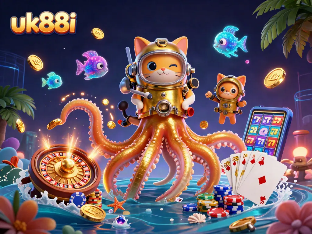 Experience thrilling gameplay at uk88i featuring a kraken and diving cat in an exciting casino underwater scene.