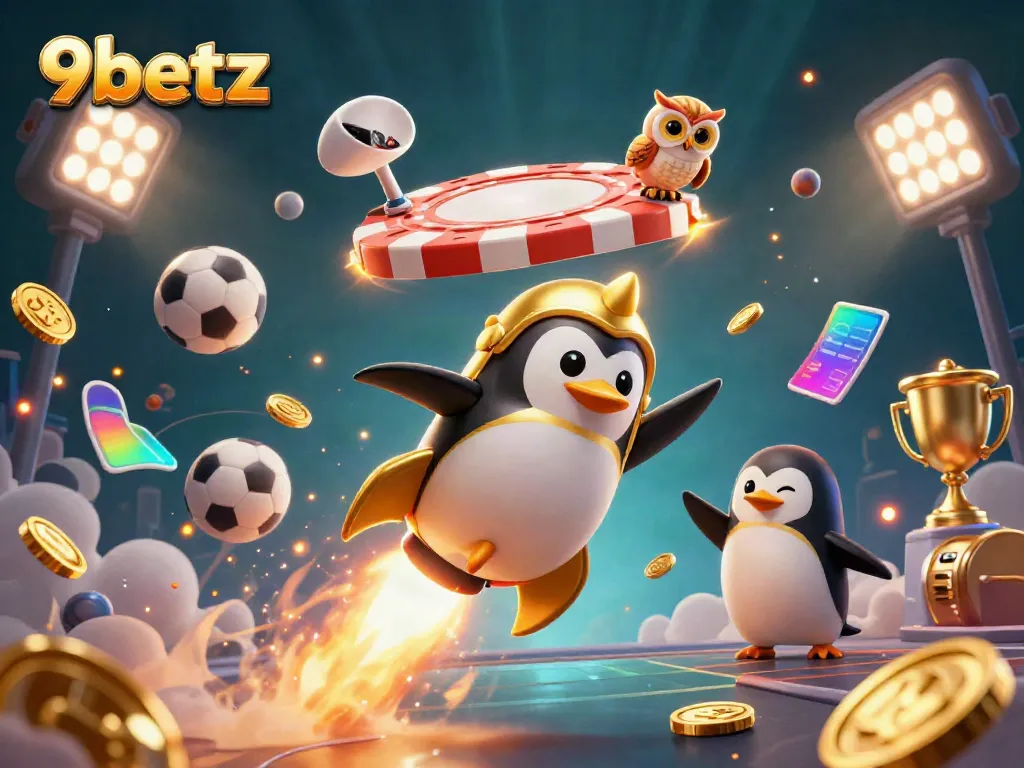 Experience thrilling moments at 9betz with a vibrant 3D penguin and casino elements.