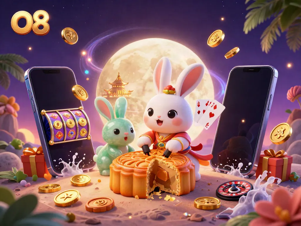 Experience the magic of O8 with a folkloric moon rabbit and vibrant casino elements illuminating the night.