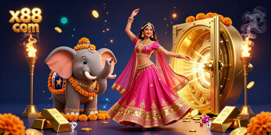 Experience the thrill of x88 com with vibrant casino elements and a stunning Bollywood-inspired scene.
