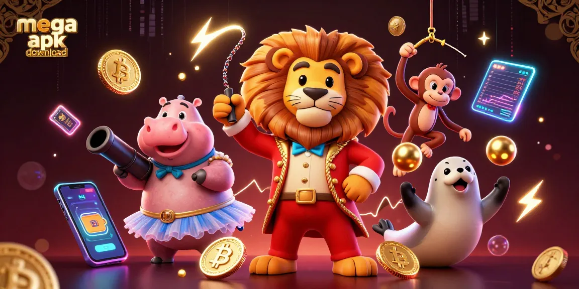 Engage in high-stakes excitement with mega apk download showcasing lively casino characters and crypto elements.
