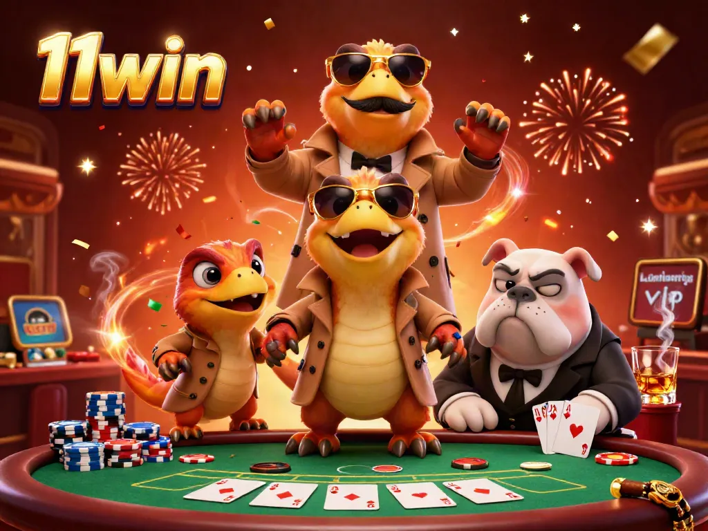 Engage with vibrant casino action featuring 11win's unique raptor characters at a poker table.