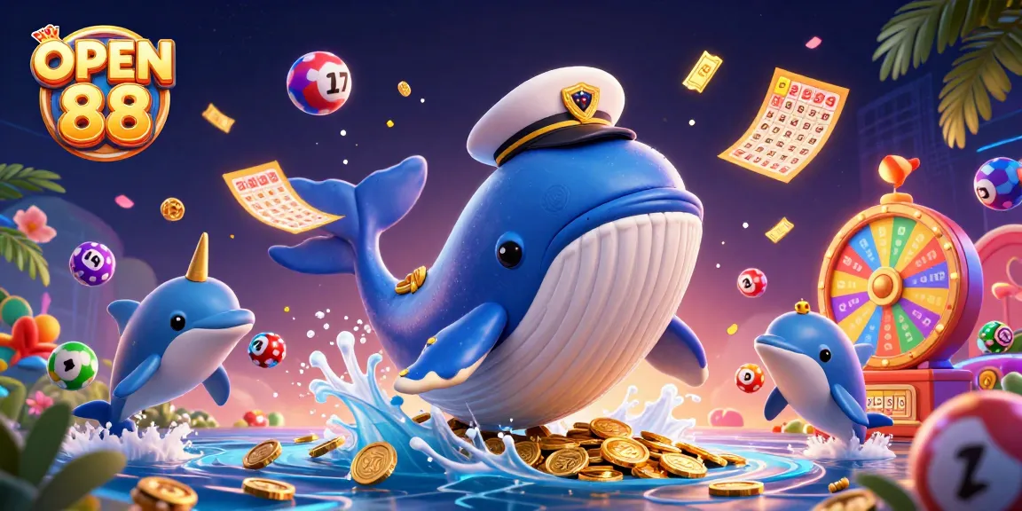 Join the excitement of OPEN 88 with a whimsical 3D illustration featuring a captain whale, narwhal, and dancing dolphins.