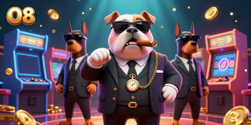 Engage in thrilling gameplay with O8's dynamic casino atmosphere featuring a mafia boss bulldog.