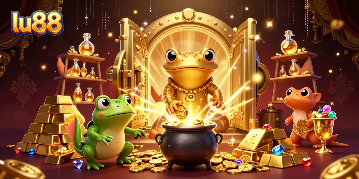 Experience thrilling wins with lu88's vibrant 3D casino illustration featuring gold treasures.