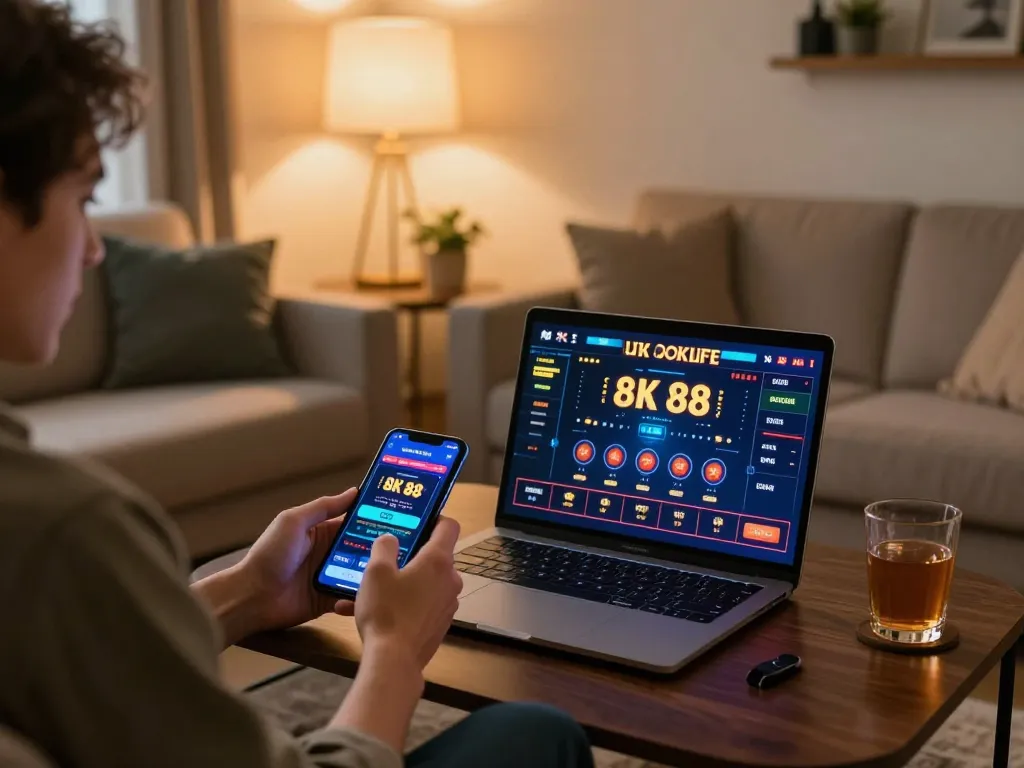 Player enjoying online gambling with the UK 88 app in a cozy living room setting, engaged and focused.