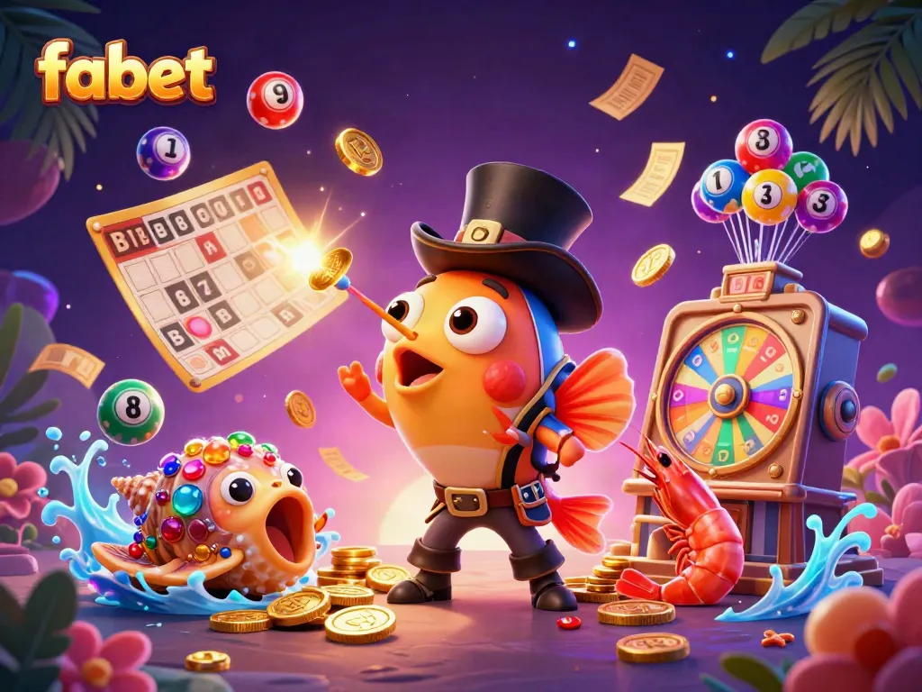 Experience thrilling gaming with fabet, featuring fun characters and dynamic lottery elements in a vibrant casino scene.