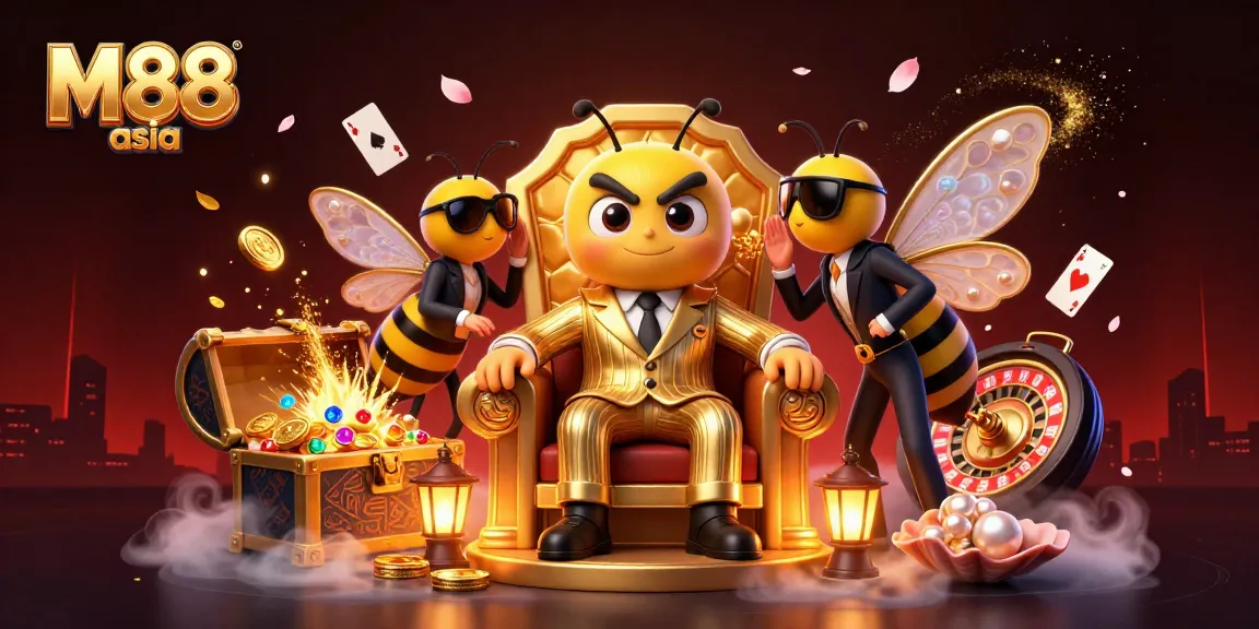 Experience thrilling gameplay at M88 asia with our vibrant illustration showcasing roulette, cards, and golden treasures.