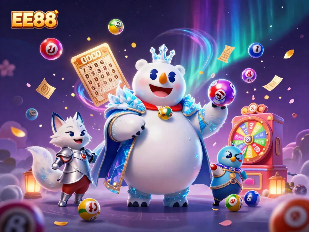 Experience the excitement of EE88 with vibrant lottery balls, golden tickets, and our charming ice king polar bear.